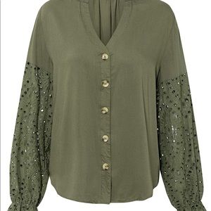 NWOT |  Women's Button Down V Neck Hollow Out Sleeve, Chiffon Blouse | M